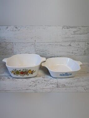 Two Corningware White Square Bake Dishes with Harvest and Blue Cornflower Motifs